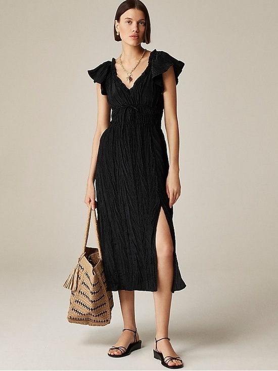 J. Crew Dresses & Skirts - J. Crew Black Flutter Sleeve crinkle V-Neck Side-Slit Midi Dress NWT